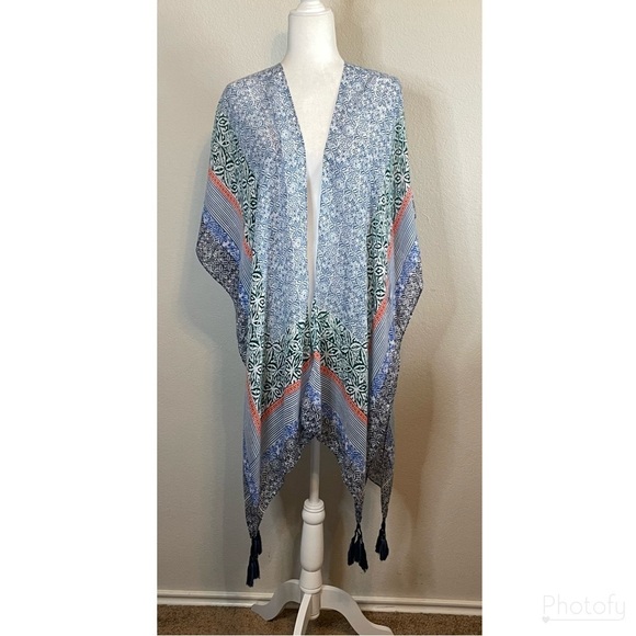 Do Everything in Love Lightweight Boho Fringe Tassels Blue Green Boho Kimono OS - Picture 1 of 9